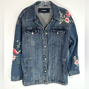 Express Women's Denim Jacket with Embroidered Pink, Blue White Floral Design M/L